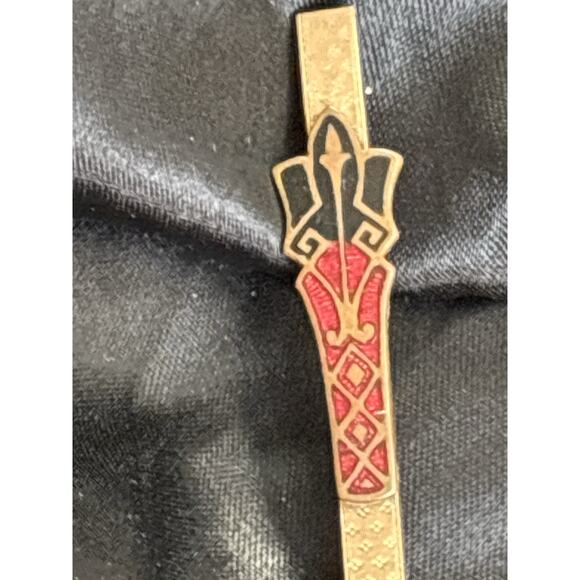 Vintage Art Deco Brooch Pin Bar Enamel Guilloché Red & Black Gold Tone By F&R - Picture 7 of 12